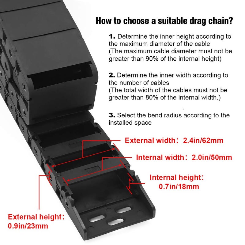 LMioEtool Pack of 2, R38 18mm x 50mm(Inner H x Inner W) Black Plastic Cable Wire Carrier Drag Chain 1M Length for CNC, with End Connectors - Semi Enclosed Type (Inner Side openable) - Image 3